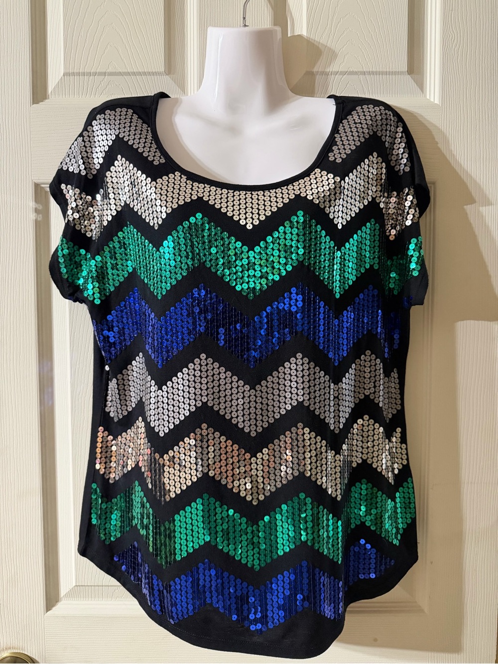 Dressbarn Blue, Silver, and Green Sequined Top